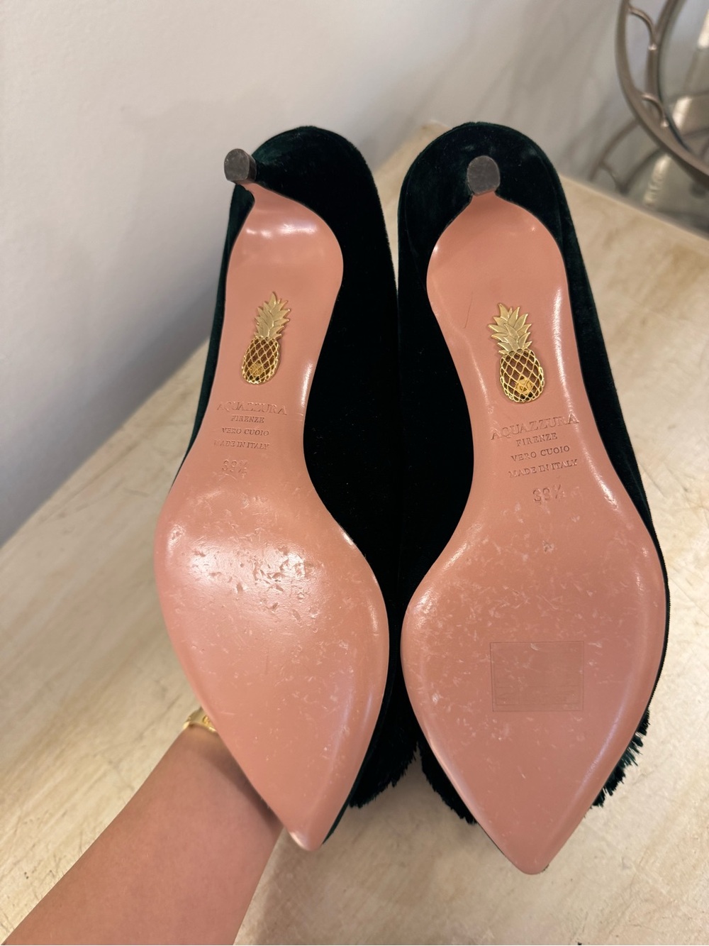 Aquazzura Powder Puff Green Velvet Mules - Picture 7 of 8